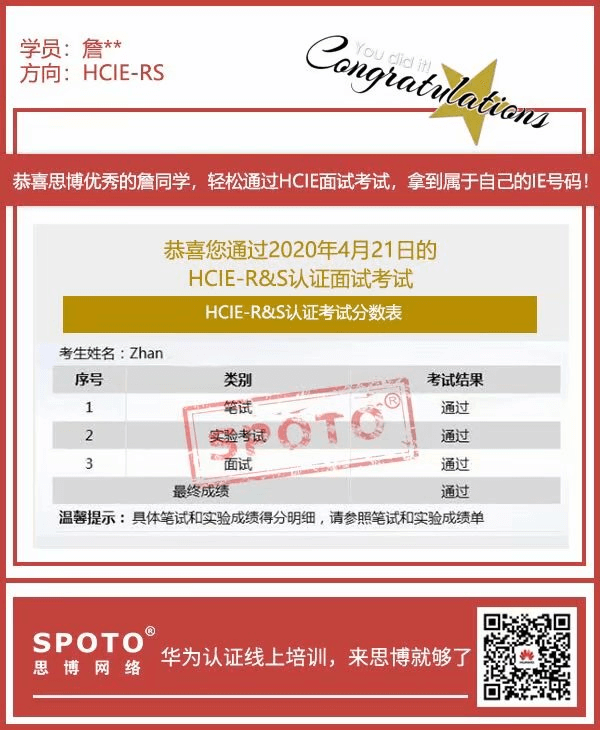 思博HCIE112班詹同学证书