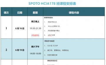 SPOTO Datacom HCIA178班课程安排表【6月16日】