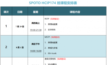 SPOTO HCIP-DATACOM 174课程安排表【7月29日】