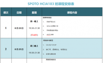 SPOTO DATACOM HCIA 183班课程安排表【8月23日】