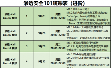 SPOTO 渗透安全101（进阶）班课程安排表【9月23日】