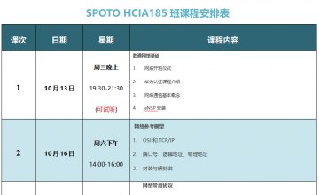 SPOTO DATACOM HCIA 185班课程安排表【10月20日】