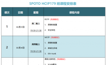 SPOTO HCIP-DATACOM 179课表安排表【11月02日】