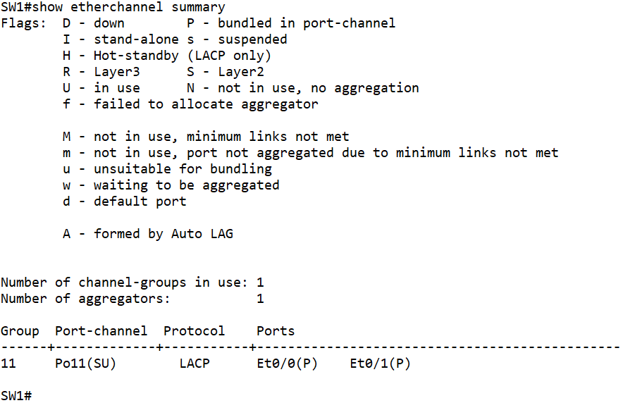 SW1和SW2之间的E0/0-1使用LACP协议创建捆绑接口Port11-1