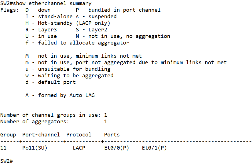 SW1和SW2之间的E0/0-1使用LACP协议创建捆绑接口Port11-2