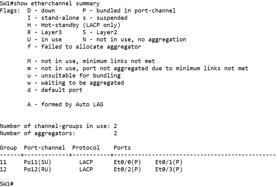 SW1和SW2之间的E0/2-3使用LACP协议创建捆绑接口Port12-1