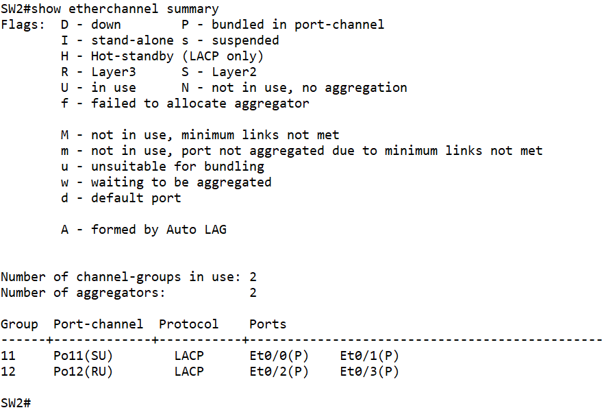 SW1和SW2之间的E0/2-3使用LACP协议创建捆绑接口Port12-2