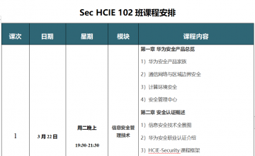 SPOTO Sec HCIE 102班课表安排表【3月22日】