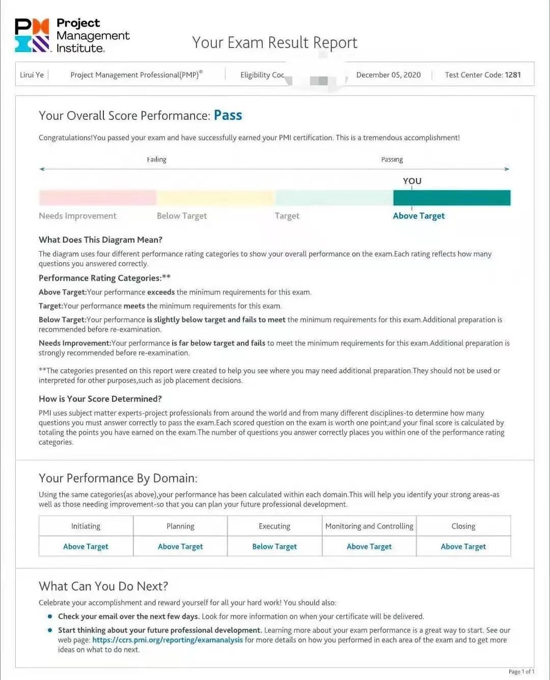 PMP认证考试成绩单样式