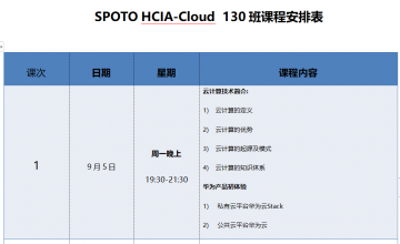SPOTO HCIA-Cloud 130班课程安排表【9月05日】