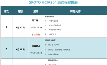 SPOTO DATACOM HCIA 204班课程安排表【9月20日】