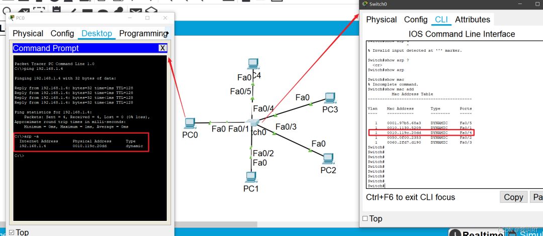 Cisco packet tracer仿真软件可以看到交换机的MAC地址表