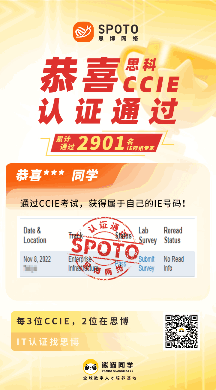 【战报】第2901名思博思科CCIE-EI学员毕业啦