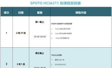 SPOTO DATACOM HCIA 211班课程安排表【02月27日】
